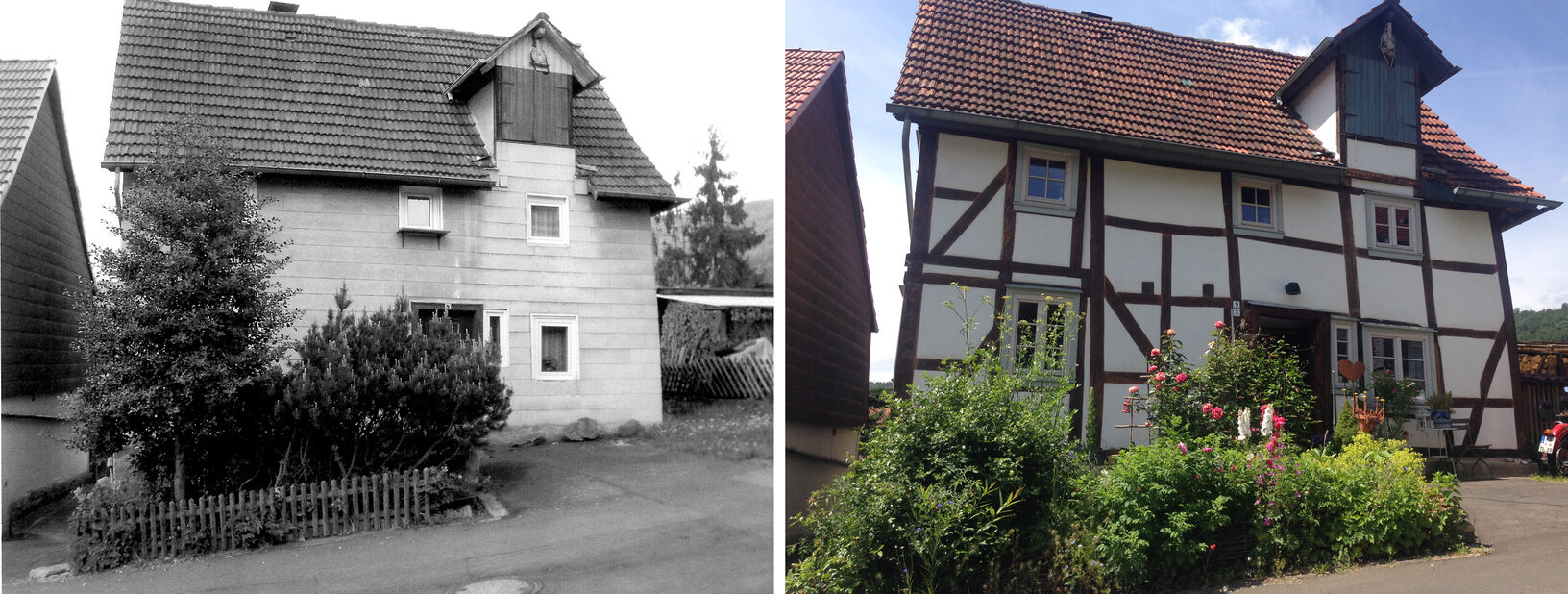 Der Preisträger für den DenkMalPreis 2017, Thomas Linke, hat sein Fachwerkhaus in Fuldatal-Wilhelmshausen in ein wohnliches Schmuckstück verwandelt. Im Bild ein Vorher-Nachher-Vergleich.
